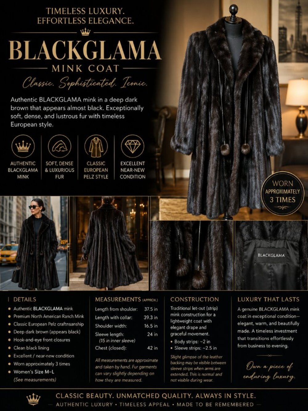 Authentic BLACKGLAMA Mink Coat – Luxury and Elegance -M/L